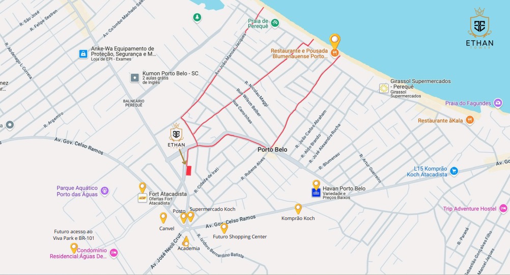 Mapa do entorno do Ethan Tower em Porto Belo/SC — praia de Perequê a 900m, supermercados Koch, acesso a Balneário Camboriú e Aeroporto de Navegantes.