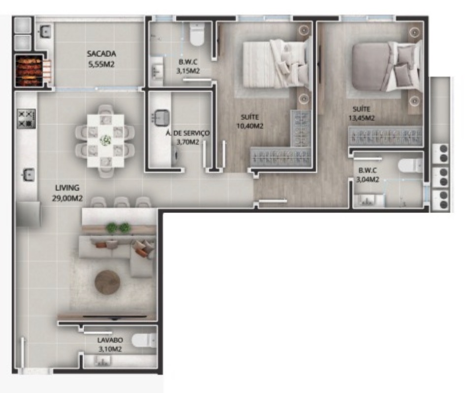 Planta da unidade 801 — Final 01 do Ethan Tower: living 29 m², 2 suítes (10,40 m² e 13,45 m²), lavabo, área de serviço, sacada com churrasqueira 5,55 m². 82 m² privativos.